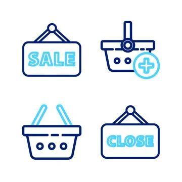 Set line Hanging sign with Closed, Shopping basket, Add to and Sale icon. V.. Stockillustratie