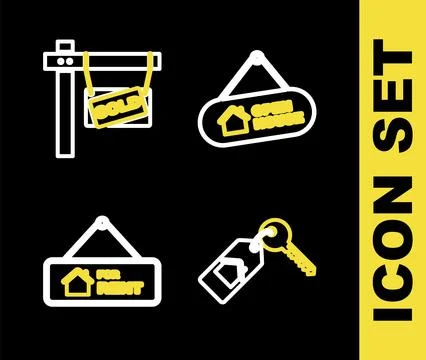 Set line Hanging sign with Open house, House key, For Rent and Sold icon. V.. Stock Illustration