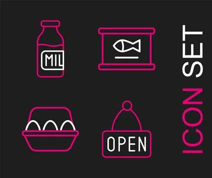 Set line Hanging sign with Open, Chicken egg box, Canned fish and Bottle mi.. Stock Illustration