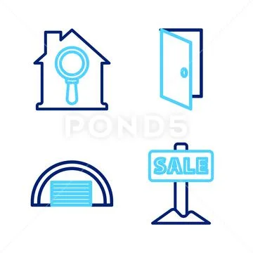 Set line Hanging sign with Sale Garage Closed door and Search