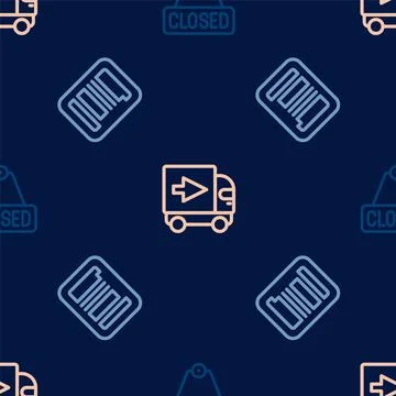 Set line Hanging sign with text Closed, Barcode and Delivery cargo truck on s Stock Illustration