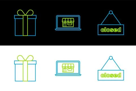 Set line Hanging sign with text Closed, Gift box and Shopping building on screen Stock Illustration