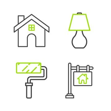 Set line Hanging sign with text Sale, Paint roller brush, Table lamp and House Stock Illustration