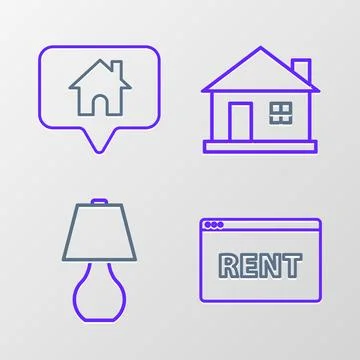 Set line Hanging sign with text Online Rent, Table lamp, House and Map poin.. 스톡 일러스트