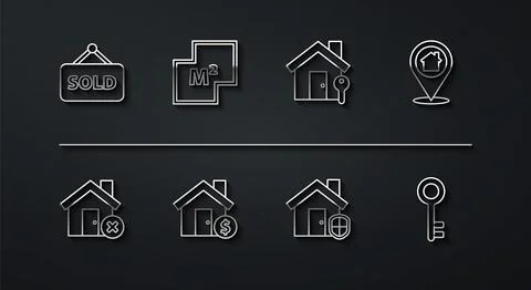 Set line Hanging sign with text Sold House wrong mark Location house under pr Stock Illustration