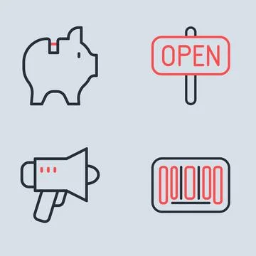 Set line Hanging sign with text Open, Megaphone, Barcode and Piggy bank ico.. Stock Illustration