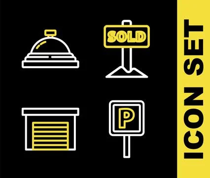 Set line Hanging sign with text Sold, Parking, Garage and Hotel service bel.. Ilustración de archivo