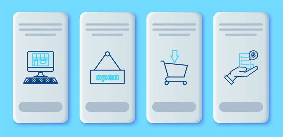 Set line Hanging sign with text Open door, Add to Shopping cart, building o.. Ilustración de archivo