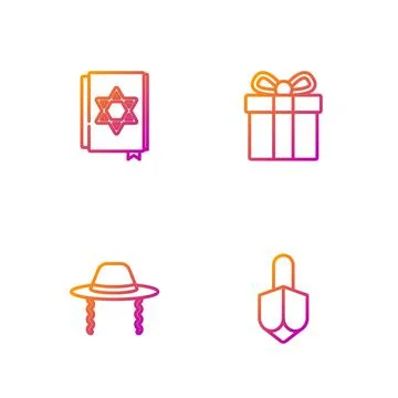 Set line Hanukkah dreidel, Orthodox jewish hat, Jewish torah book and Gift box Illustrazione stock