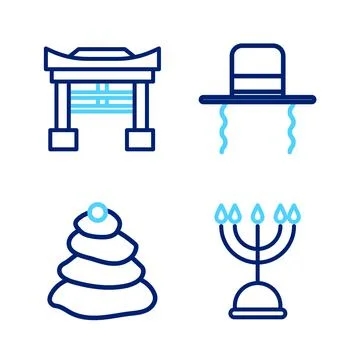 Set line Hanukkah menorah, Stack hot stones, Orthodox jewish hat with sideloc 스톡 일러스트