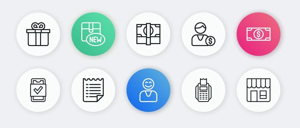 Set line Happy customer, Stacks paper money cash, Mobile shopping, POS term.. Stock Illustration