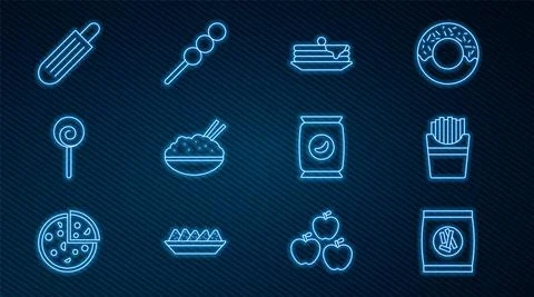 Set line Hard bread chucks crackers, Stack of pancakes, Rice bowl with chopstick Stockillustratie