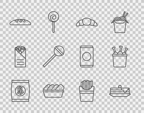 Set line Hard bread chucks crackers, Stack of pancakes, Croissant, Chicken 스톡 일러스트