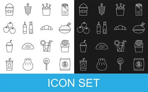 Set line Hard bread chucks crackers, Potatoes french fries in box, Rice bowl  Stock-Illustration