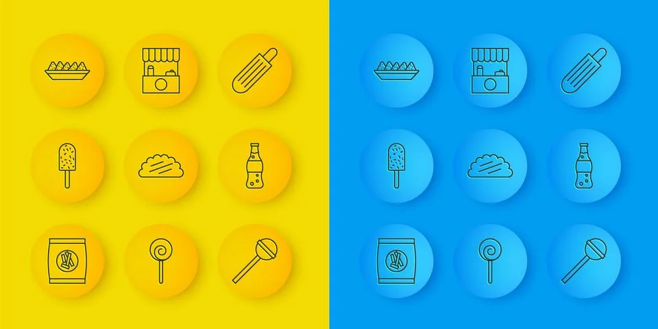 Set line Hard bread chucks crackers, Ice cream, Taco with tortilla, Lollipop Stock Illustration