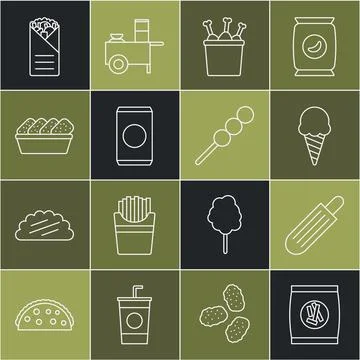 Set line Hard bread chucks crackers, French hot dog, Ice cream in waffle co.. Stock Illustration