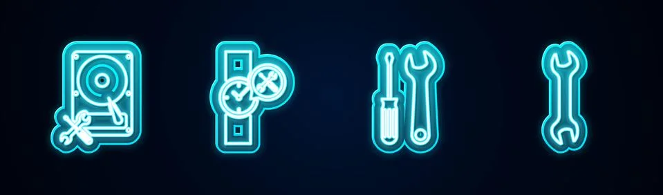Set line Hard disk drive service, Wrist watch, Screwdriver and wrench and Wrench Stock Illustration