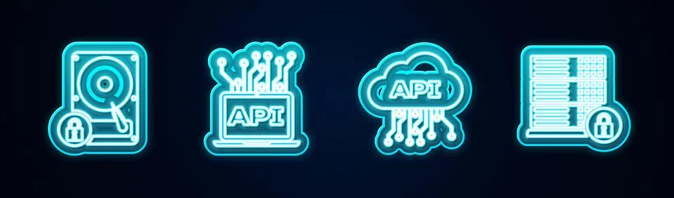 Set line Hard disk drive and lock, Computer api interface, Cloud and Server Stock Illustration