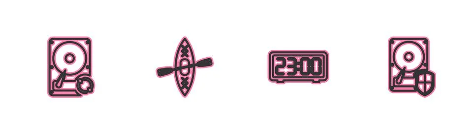 Set line Hard disk drive HDD sync refresh, Digital alarm clock, Kayak and paddle Stock Illustration