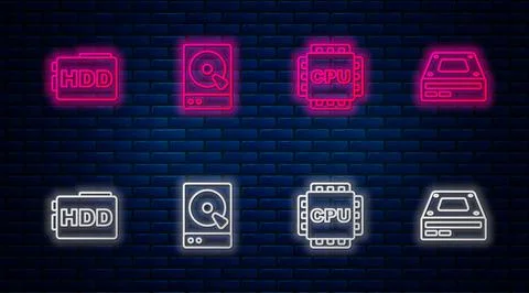 Set line Hard disk drive HDD, Processor with CPU, and Optical disc. Glowing neon Stock Illustration