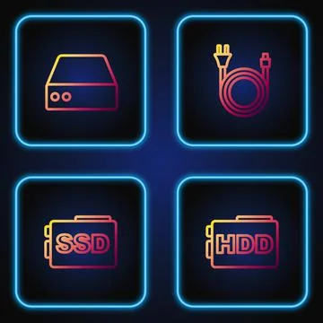 Set line Hard disk drive HDD, SSD card, Server, Data, Web Hosting and Electric Stock Illustration