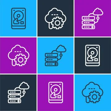 Set line Hard disk drive HDD, Network cloud connection and Cloud technology data Stock Illustration