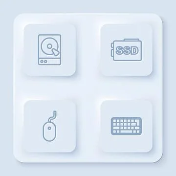 Set line Hard disk drive HDD, SSD card, Computer mouse and Keyboard. White Stock Illustration
