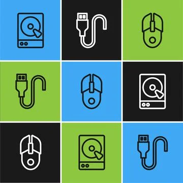Set line Hard disk drive HDD, Computer mouse and USB cable cord icon. Vector Stock Illustration