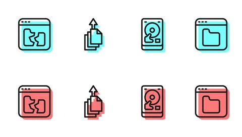 Set line Hard disk drive HDD, Broken file, Data export and Browser files icon Stock Illustration