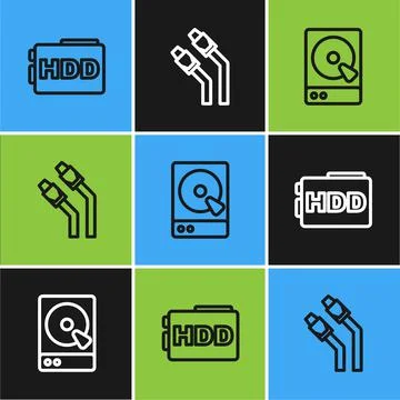 Set line Hard disk drive HDD, and LAN cable network internet icon. Vector Stockillustratie