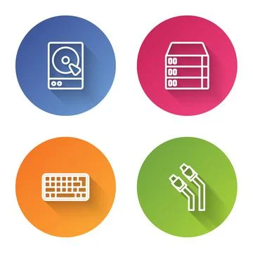 Set line Hard disk drive HDD, Server, Data, Web Hosting, Keyboard and LAN cable Illustrazione stock
