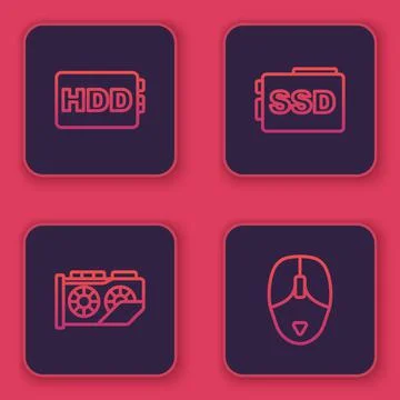 Set line Hard disk drive HDD, Video graphic card, SSD and Computer mouse. Blue Stockillustratie