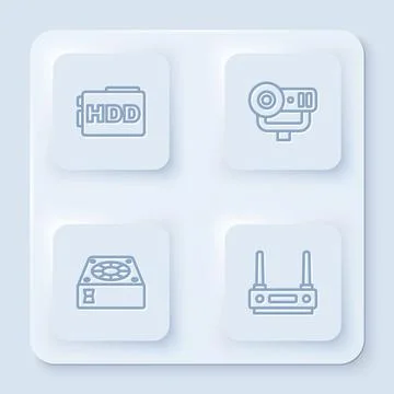 Set line Hard disk drive HDD, Web camera, Computer cooler and Router and wi-fi Stock Illustration