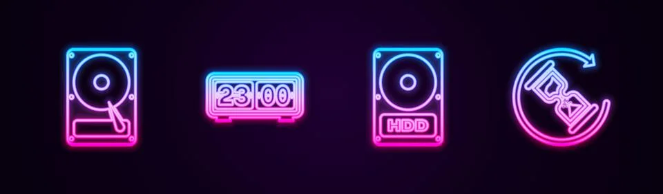 Set line Hard disk drive HDD, Retro flip clock, and Waiting. Glowing neon icon Illustrazione stock
