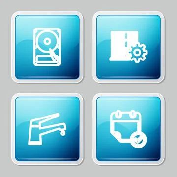 Set line Hard disk drive HDD, Server setting, Water tap and Calendar with check Stock-Illustration