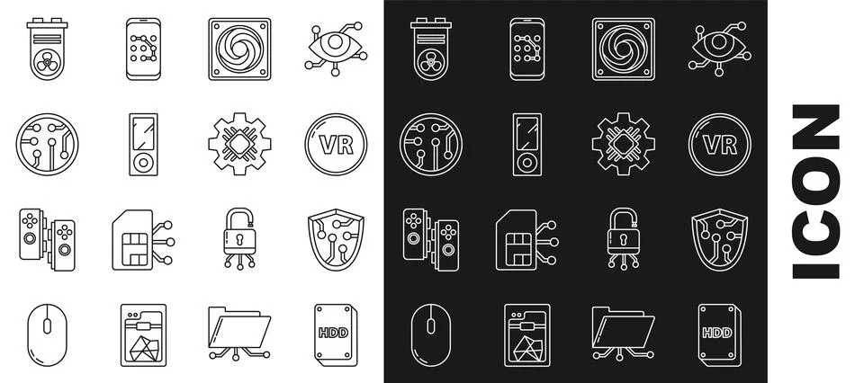 Set line Hard disk drive HDD, Cyber security, Virtual reality, Computer cooler Illustrazione stock
