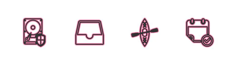 Set line Hard disk drive HDD protection, Kayak and paddle, Social media inbox Stock-Illustration