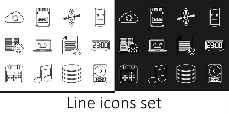 Set line Hard disk drive HDD, Digital alarm clock, Kayak and paddle, Dead laptop Illustrazione stock