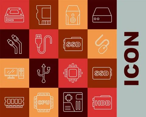 Set line Hard disk drive HDD, SSD card, Computer mouse, Uninterruptible power 스톡 일러스트