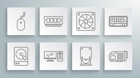 Set line Hard disk drive HDD, RAM, random access memory, Computer monitor Stock Illustration