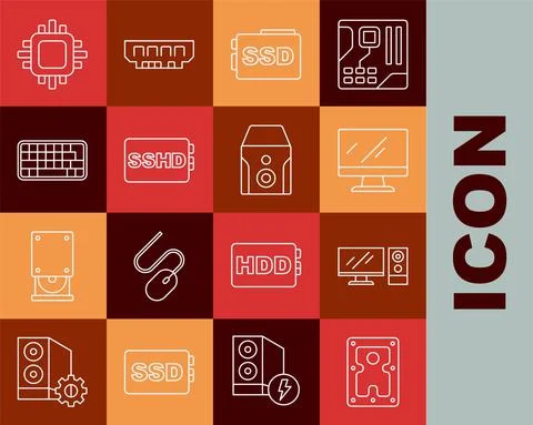 Set line Hard disk drive HDD, Computer monitor, screen, SSD card, SSHD, Keyboard Stock Illustration