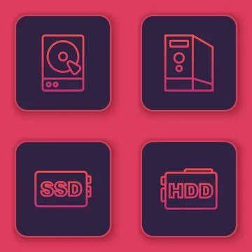 Set line Hard disk drive HDD, SSD card, Case of computer and . Blue square Stock Illustration