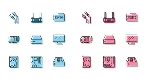 Set line Hard disk drive HDD, LAN cable network internet, Computer cooler Illustrazione stock