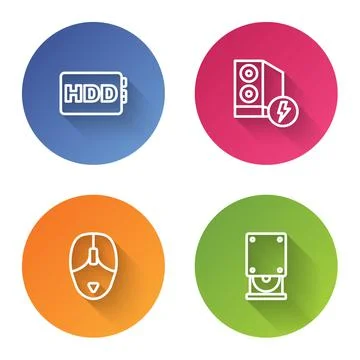 Set line Hard disk drive HDD, Case of computer, Computer mouse and Optical disc Stock Illustration