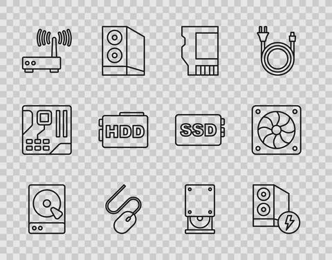 Set line Hard disk drive HDD, Case of computer, SD card, Computer mouse, Router Stockillustratie