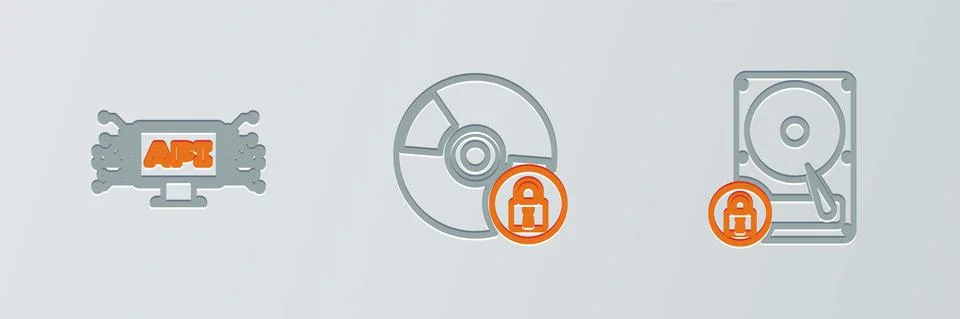Set line Hard disk drive and lock, Computer api interface and CD or DVD with Illustrazione stock