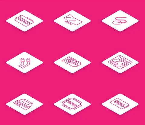 Set line Hard disk drive HDD, Computer monitor screen, mouse, LAN cable network Illustrazione stock