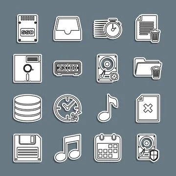 Set line Hard disk drive HDD protection, Delete file document, folder, Stopwatch Illustrazione stock