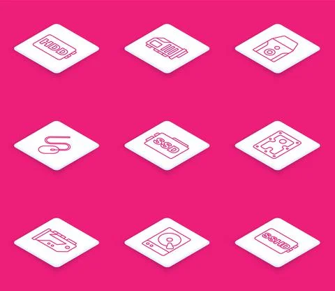 Set line Hard disk drive HDD, Video graphic card, Uninterruptible power supply Stockillustratie