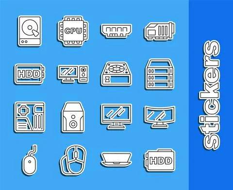 Set line Hard disk drive HDD, Computer monitor screen, Server, Data, Web Hosting 스톡 일러스트